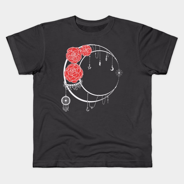 Dark Moon with white Lines Red Roses Tattoo Kids T-Shirt by Kalma Kun